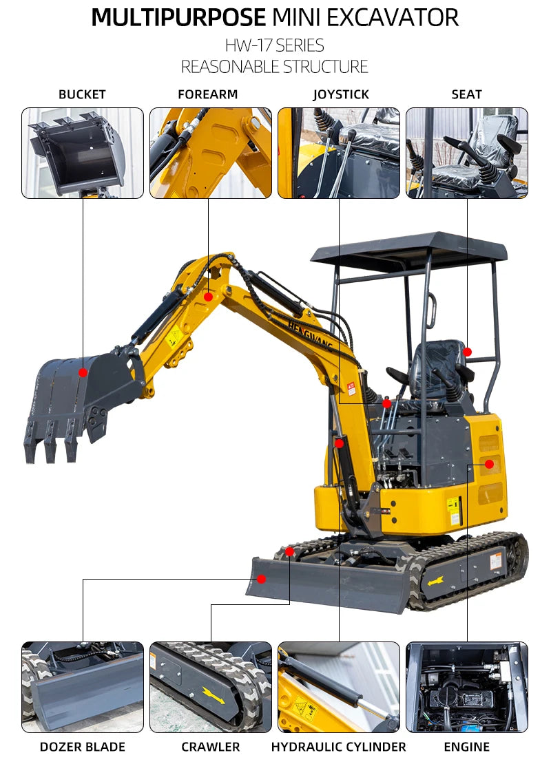 HW-17 Mini Excavator 1.7 Ton Bagger China Crawler Excavator Home And Garden Tools Farm Equipment Customized For Sale